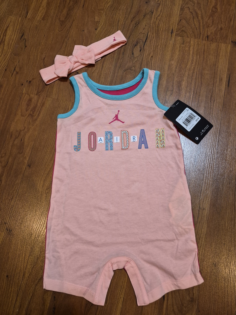 Super Cute Jordan Pink and Teal Infant Romper with Bow Headband